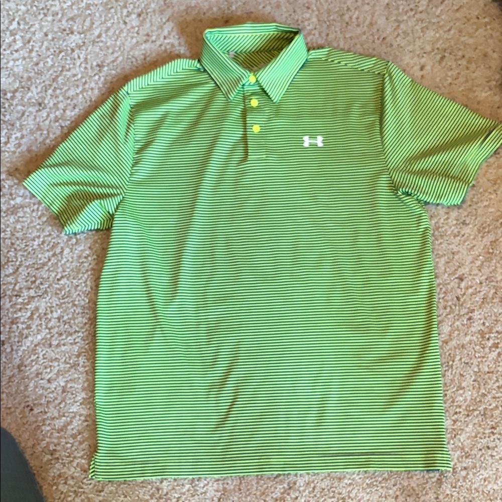 Under Armour HeatGear Golf Polo Shirt-Neon Green/Navy Blue Stripe -Mens Large-L